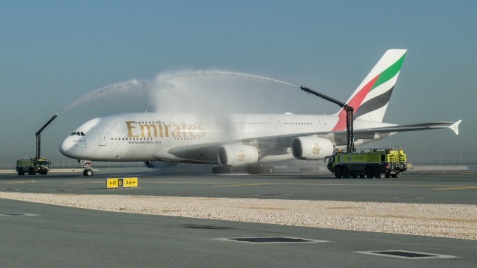 the-emirates-a380-is-greeted-by-a-water-cannon-salute-at-hamad-international-airport-doha