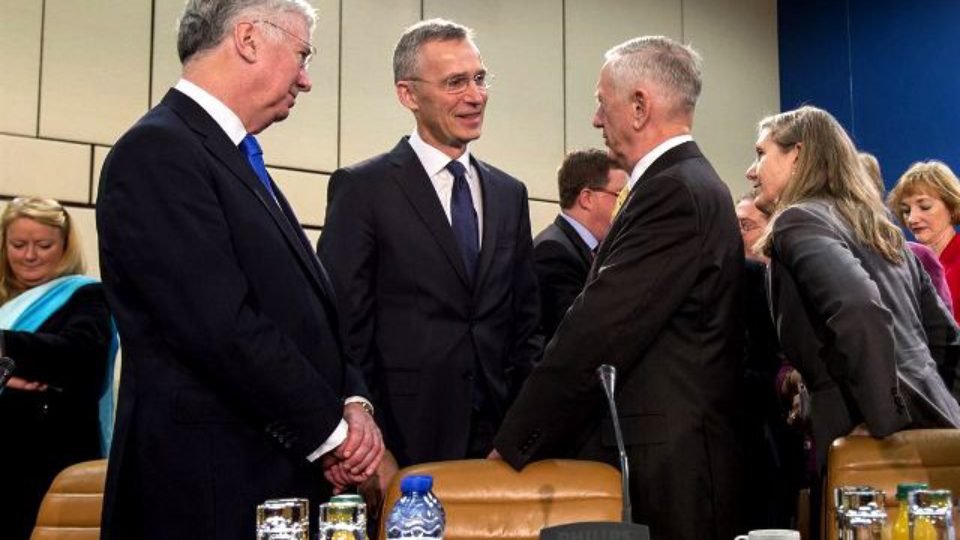 US, British Defence Ministers with NATO Secretary General before start of meeting today. Pic by US Department of Defence