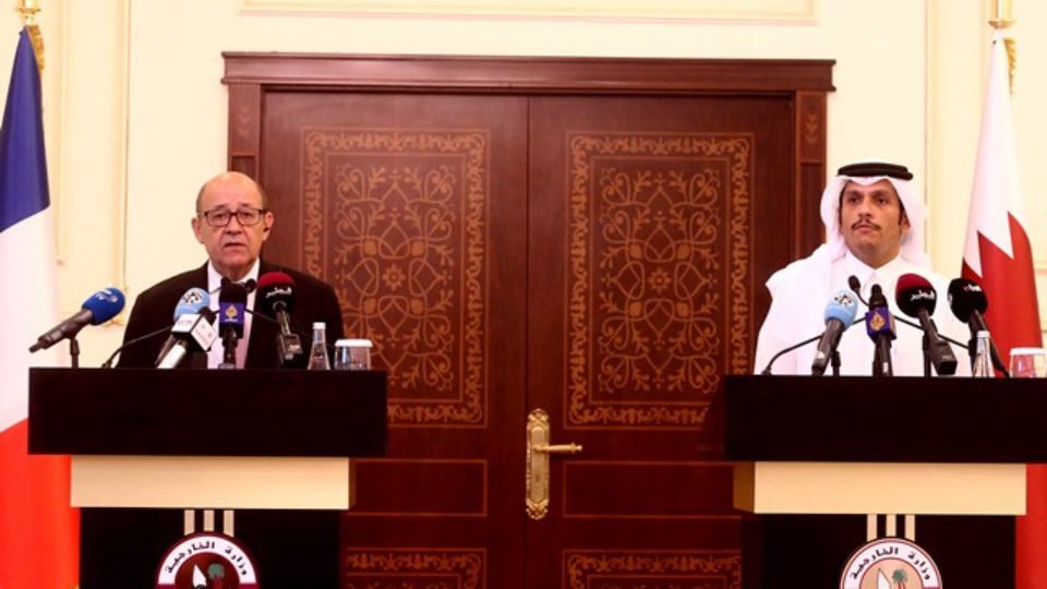 Jean-Yves Le Drian and Sheikh Mohammed bin Abdulrahman AlThani addresses in Doha 15 July 2017