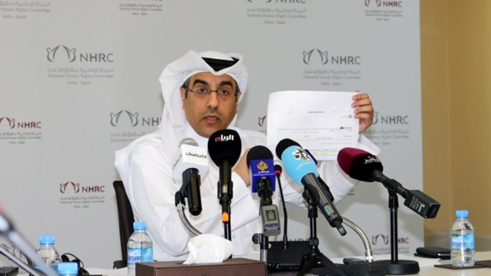 Dr Ali Samikh AlMarri Chairman NHRC showing a UAE based educational institution’s document to a Qatari student