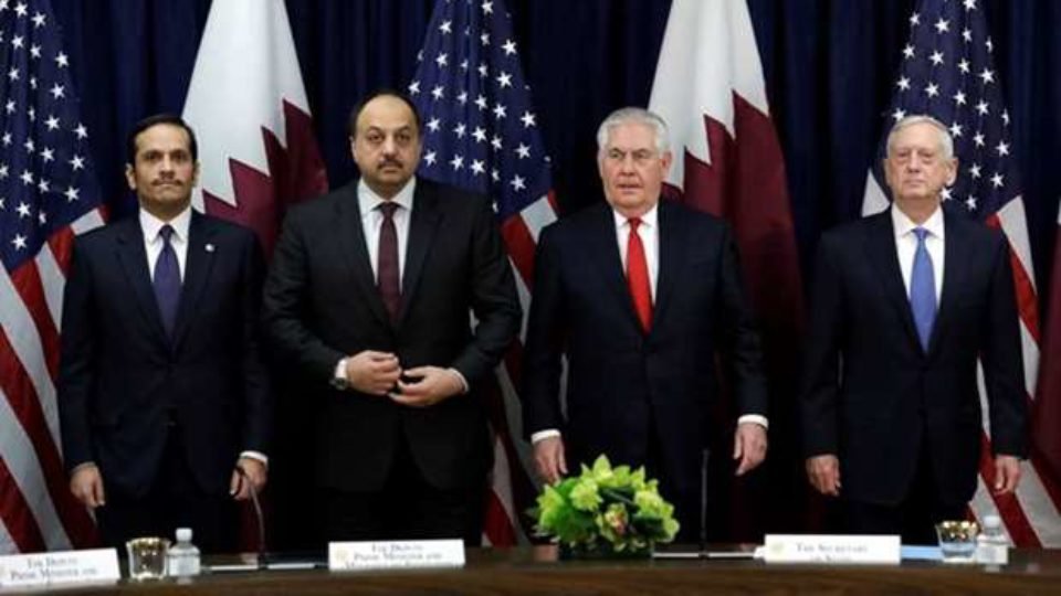 Rex Tillerson, Jim Mattis, Sheikh Mohamed bin Abdulrahman al-Thani and Dr Khalid bin Mohamed AlAttiyah at opening US-Qatar meeting today in Washington DC