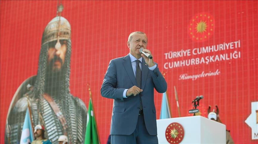 President of Turkey Recep Tayyip Erdogan addresses marking 947th anniversary of Victory of Malazgirt 26 Aug 2018 Pic Anadolu News