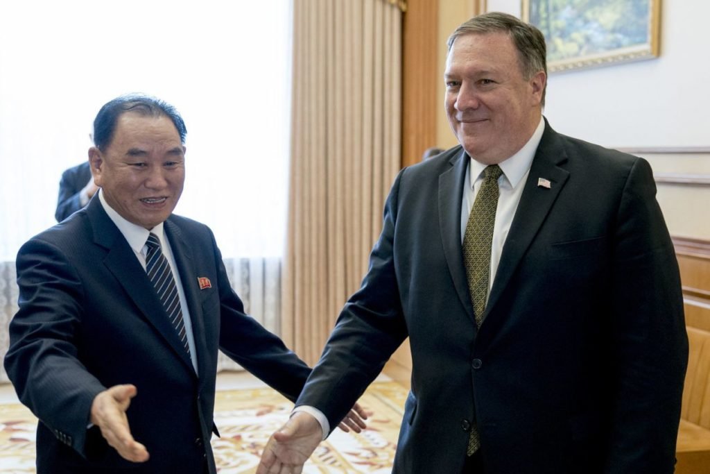 Secretary of State Mike Pompeo, right, and Kim Yong Chol, a North Korean senior ruling party official and former intelligence chief, in Pyongyang in July 2018 Pic by AP